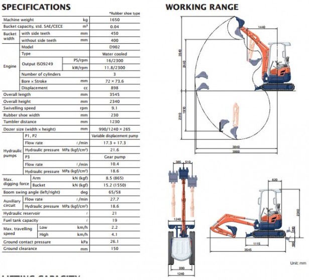 kubota u173a spec sheet image Charleville Plant, Access and Tool Hire